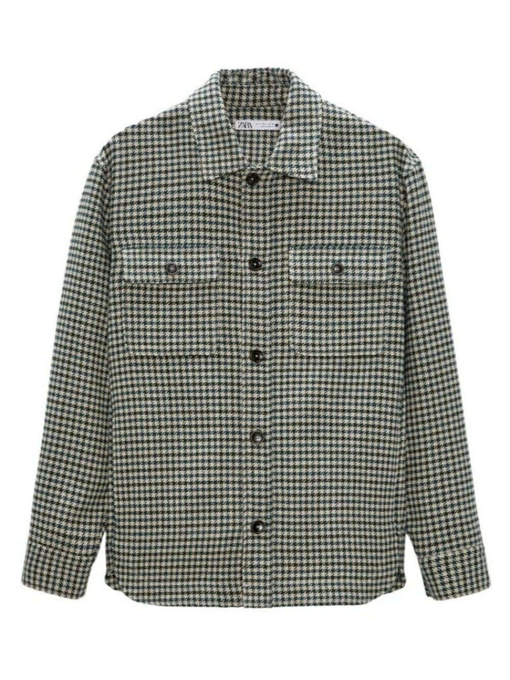 ZARA Houndstooth Overshirt Tan Green Dual Chest Pockets Long Sleeves Size M NWOT